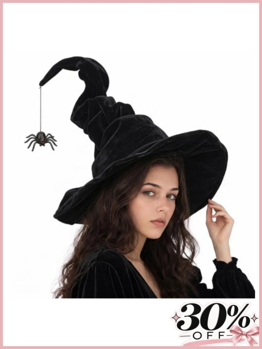 Witch Costume Hat for Women, Halloween Party, Velvet, Steel Wire, with Spider